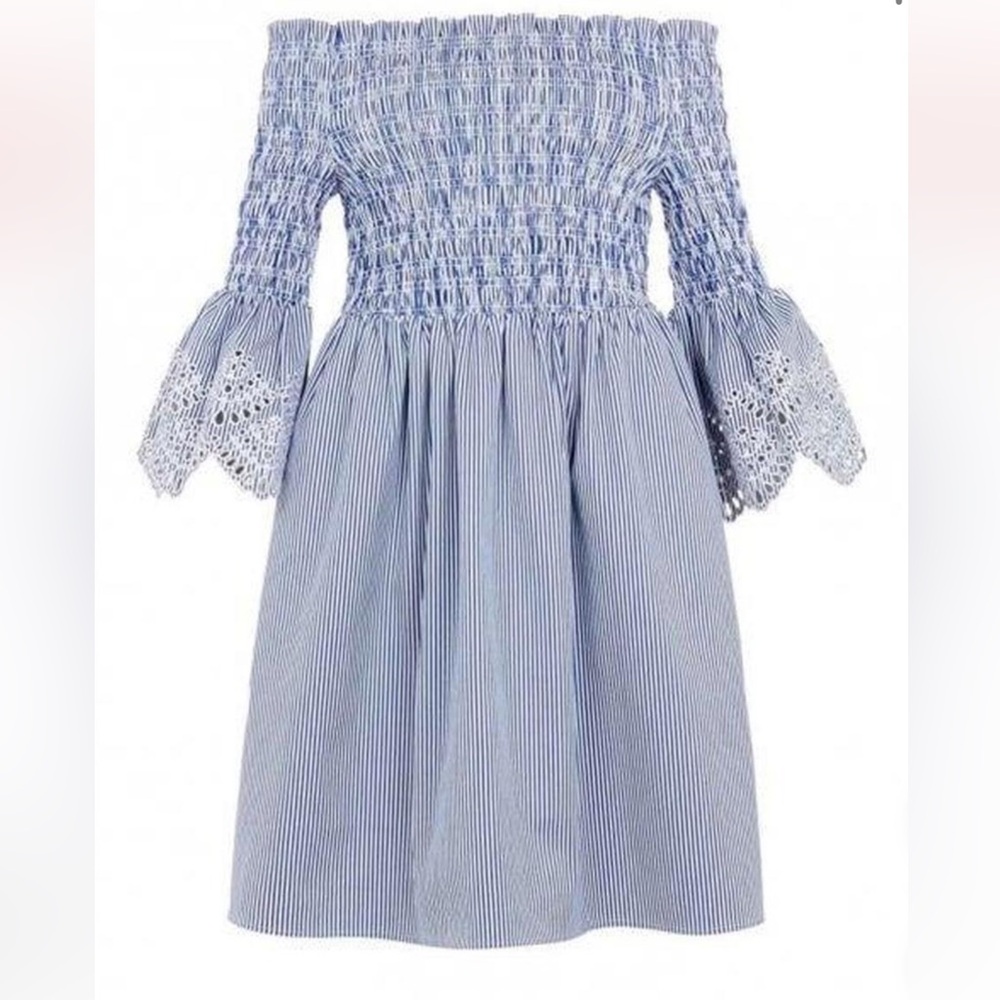 Ted Baker Noaah Smocked Eyelet off the Shoulder Blue and White Pinstripe Dress